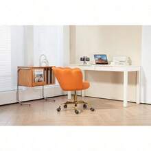 Comfy Home Office Task Chair With Wheels, Cute Modern Upholstered PU Seashell Back Adjustable Swivel Vanity Desk Chair, For Women,For Girls, Living Room(PU-Orange) - Orange - View 8