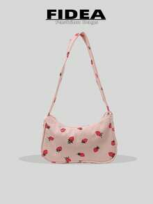 新款时尚女士单肩包，草莓印花灯芯绒面料轻便腋下包，时尚百搭，适合约会、购物 - 粉色 - 查看 2