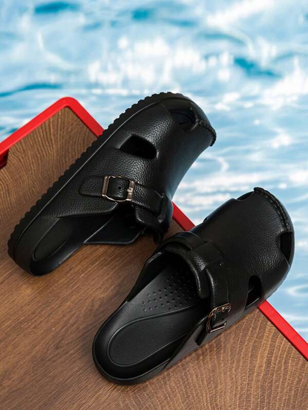 Fashionable Lightweight Solid Color Versatile Men's Breathable Massage Sole Sandals, Outdoor Beach Vacation Camping Non-Slip Quick Dry Slip-On Slides