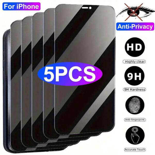 5pcs Anti-Privacy Screen Protector For IPhone 16 15 14 13 12 11 Pro Max 16e 13 12 Mini 14 15 16 Plus X Xr Xs Max Tempered Glass 9H Full Coverage Protective Glass On For IPhone 11 13 14 15 16 Pro Max Plus X Xs Max Xr
