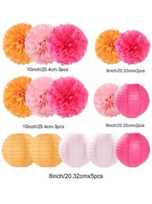 15 buc. hârtie decorativă pentru petrecere la modă roz-portocaliu - felinare cu flori, serpentine din hârtie absorbantă cu pom-pom, potrivite pentru nunți de toamnă, petreceri burlăcițe, aniversări boeme, decor agățat pentru petreceri la apus