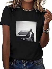 Women's Plus Size Casual T - Shirt Black And White Portrait And Vehicle Graphic Casual Soft Short Sleeve Pure Cotton 220gsm T - Shirt - màu đen - Xem 1
