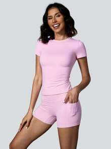 NcmRyu 1 Set Solid Color Women's Casual Sports Fitness Sweet Short Sleeve Top And Booty Shorts Set Comfortable Activewear For Fitness Gym Running And Outdoor Activities Spring Summer - 粉色 - 查看 5