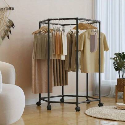 6-Sided Rotating Clothing Rack With Wheels, 360° Hexagonal Independent Hanging Rack - Portable Rolling Storage Rack, Space-Saving Design For Indoor Storage And Display, Plastic/Iron Frame Capacity 200lbs, Clothing Storage Rack, Modern Elegant And Sturdy Structure. Suitable For Efficient Storage And Display, Black/White, Portable Laundry Room And Wardrobe Organizer, Clothing Organizing Storage Rack, Modern Elegant Design And Sturdy Construction, Home Organization Tool.