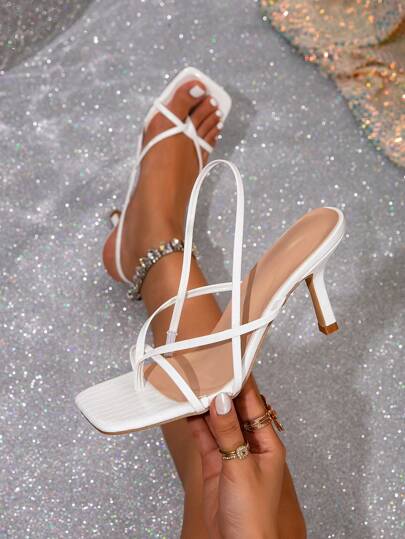 Women's Square Toe Strap Sandals, Elegant Strappy High Heel Open Toe Dress Sandals For Summer