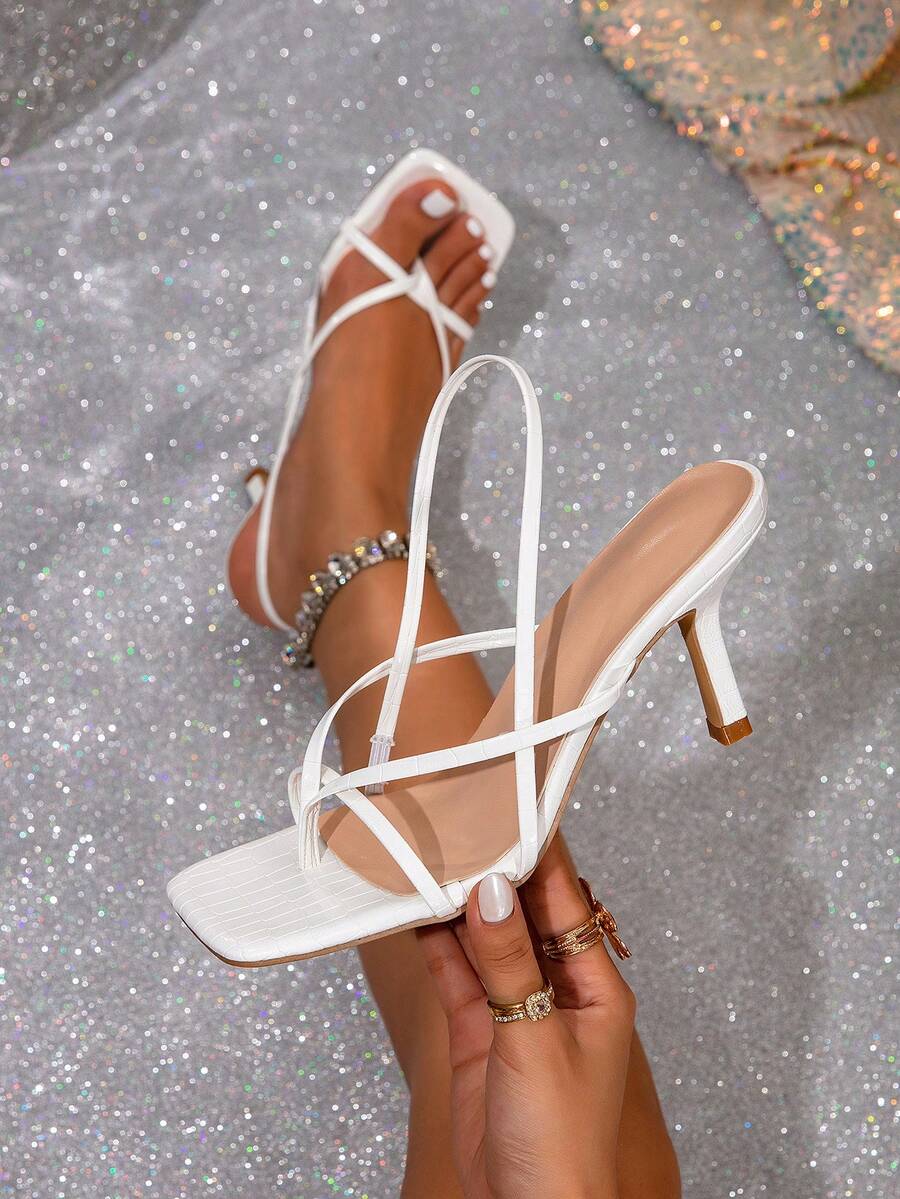 Women's Square Toe Strap Sandals, Elegant Strappy High Heel Open Toe Dress Sandals For Summer - White - View 1
