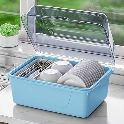 1 pieza Escurreplatos de cocina multicolor con tapa transparente, contenedor de almacenamiento de gran capacidad, escurridor de platos para el hogar