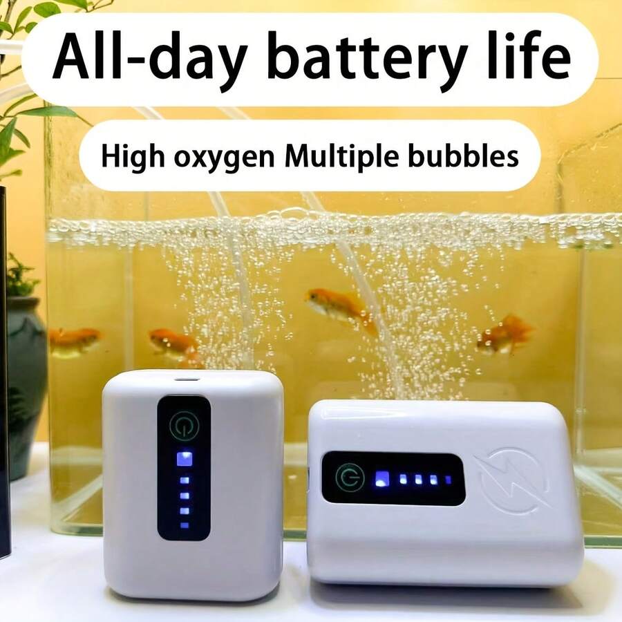 雙出水口魚缸氧氣泵－靜音運作－內建功耗顯示，USB雙電源供電，連續/間歇供氧模式，魚缸泵，附氣管與氣石，適用於魚缸、池塘及戶外釣魚