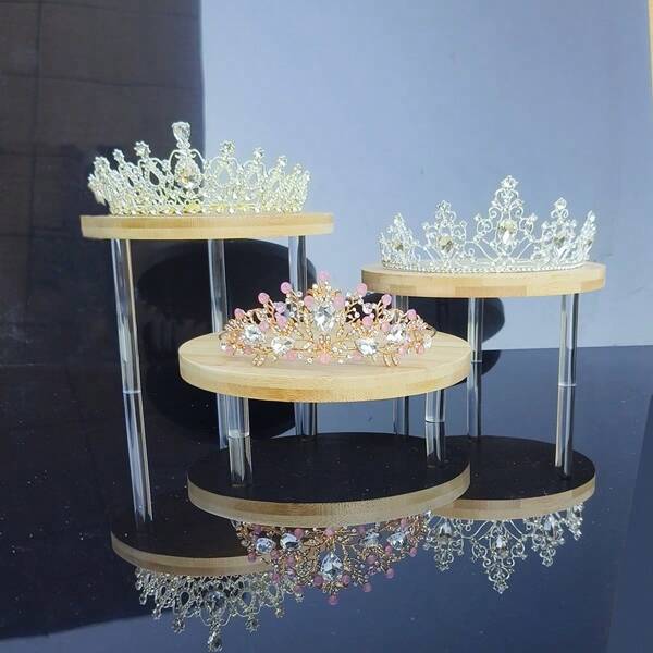 1 pieza Estantería de almacenamiento en niveles de bambú y madera, soporte de exhibición escalonado de acrílico simple para perfumes, aceites esenciales, gafas, organizador en forma de corona