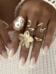 5pcs Baroque Pearl Rhinestone Ring Set, Liquid Lava Flower Open Ring Design, Suitable For Parties, Gift Giving, And Daily Wear