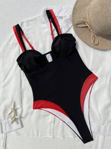 女士时尚黑红拼接连体泳衣 - 紅色 - 查看 3