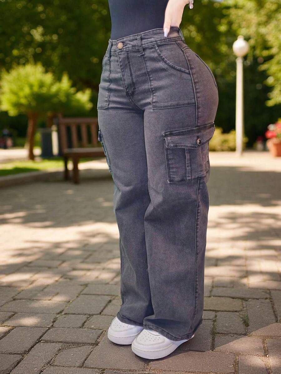 Pantalon jeans de mezclilla estilo corte ancho cargo stretch para dama mujer push up cintura alta urbano - Gris cargo con bolsas - Ver 1