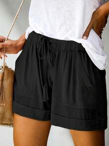 Women's Solid Color Simple Daily Casual Shorts  Plain    Casual    Pocket  Knot  Drawstring - Black - View 1
