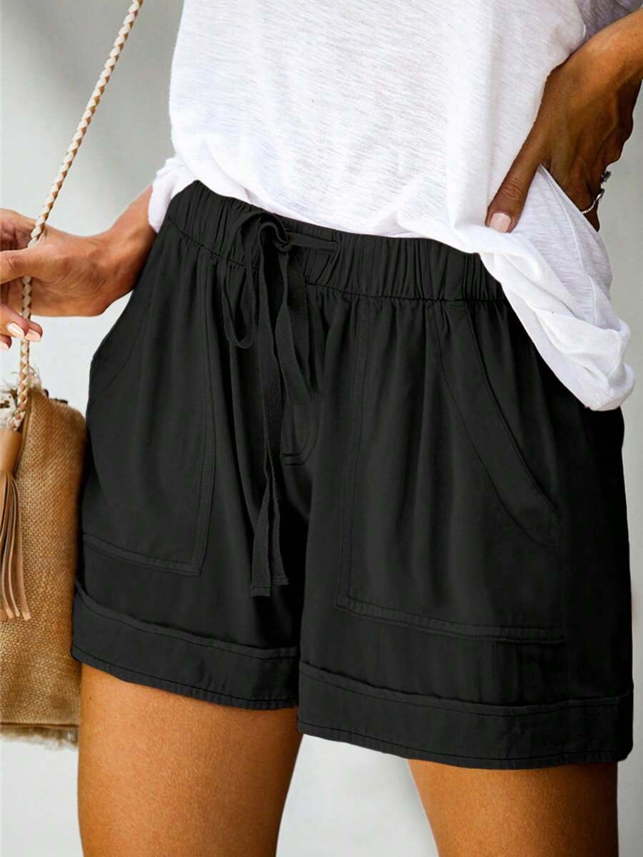 Women's Solid Color Simple Daily Casual Shorts Plain Casual Pocket Knot Drawstring - Black - View 1