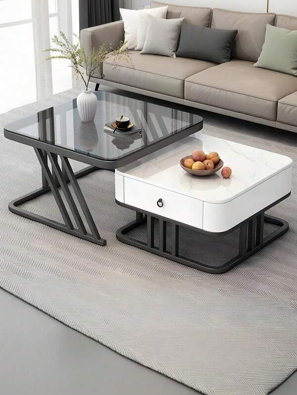 Masă de cafea modulară de lux cu cadru metalic industrial - Suprafață de sticlă rezistentă la zgârieturi + Suport TV cu textură de marmură, mobilier modern compact pentru îmbunătățire estetică în sufragerie/birou/studio