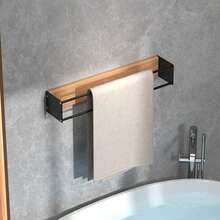 Rustic Wooden Towel Holder, 40/50 Cm, Wall-Mounted & Drill-Free, Rollable, Suitable For Bath, Hand & Beach Towels - 黑色 - 查看 2