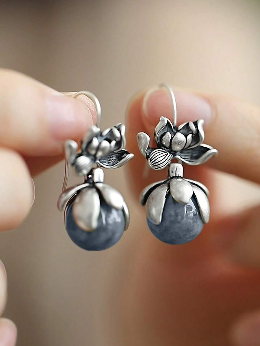 1pc Vintage Plated Oxidized Silver Tone Lotus Flower Bead Dangle Earrings, Suitable For Women's Daily, Party, Festival Gifts (Natural Stone Texture, Shipped Without Box)