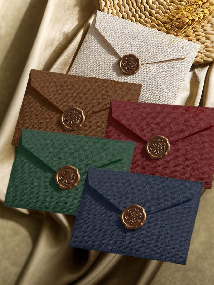 5/20pcs Vintage Envelopes & Invitations Cards, Linen Pattern Cards With Wax Seal Stickers, Suitable For Wedding, Birthday Party, Anniversary - Set - View 1
