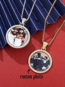 Pendentif souvenir photo personnalisé - Style hip-hop, rond incrusté de zircone, collier DIY pour hommes