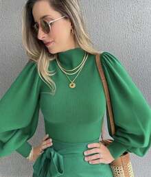 Nadia Modal Women's Blouse Puff Sleeve Plain Fashion0 - Verde - Ver 1