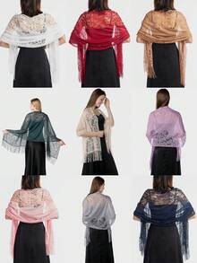 قطعة واحدة، وشاح كلاسيكي للسيدات، لون أحادي، مفرغ، قابل للتنفس ومزين بالشراريب، وشاح أناقة حريري لفستان السهرة الزفاف