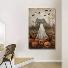 无框幽灵和南瓜万圣节艺术印刷品 - 复古鬼屋墙壁装饰，适合秋季和哥特式美学，适用于厨房浴室客厅复活节圣诞节万圣节生日派对装饰
