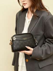 复古荔枝压纹斜挎包，复古 PU 皮革单肩包，女士百搭手提包和钱包 - 黑色 - 查看 3