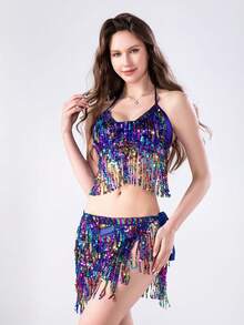 彩色亮片流苏胸衣上衣和腰链套装 - 肚皮舞舞台表演和夜店派对 - 彩色 - 查看 12