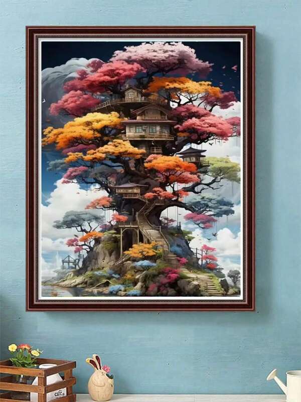 Paysage DIY 5D Peinture Maison Arbres Tout-Rond Peinture Diamant Ronde Décoration Maison Artisanat