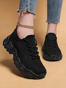 Women's Black Wave Sole Sneakers - Spot Detail Ripped Jeans Fit, All-Day Gold Chain Comfort - màu đen - Xem 4