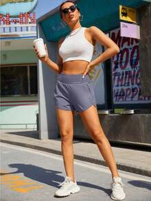 Women'S Athletic Running Shorts, Workout Gym, Elastic Waist Quick Dry Sports Shorts, High Waisted Yoga Workout Shorts With Mesh Liner Zipper Pockets - 淡紫色 - 查看 4