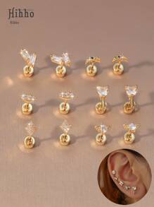 Hihho 2 brincos giratórios hipoalergênicos, de aço inoxidável, com formato de coração, triângulo, losango, crescente, microrosca, zircônia cúbica, joia para piercing corporal, presente adequado para encontros, trabalho, vida diária, uso casual