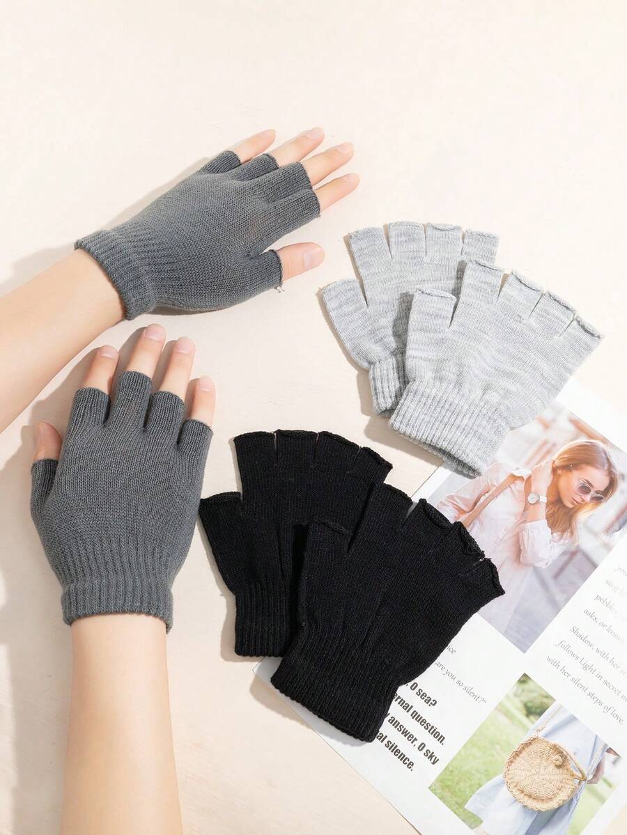 3 Pairs Casual Versatile Solid Color Half Finger Gloves