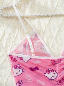 Sanrio 1 件女式 V 领 Hello Kitty 数码印花紧身吊带裙、细肩带、透视露背、女士太阳裙、夏季睡袍、娃娃装、性感内衣、性感内衣裙 - 粉色 - 查看 10