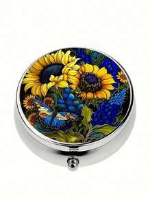 Pudełko na tabletki z 2 przegródkami, przenośne etui na leki, można umieścić w kieszeni lub portfelu, dekoracyjne metalowe pudełko do przechowywania leków i witamin, wyjątkowy prezent (kwiatowy)