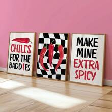 3 stuks, oningelijst, keukenmuurkunst, chilipeperprint, rood-zwarte decoratie, moderne keukendecoratie, foodie cadeau voor hem/haar, esthetische kunst, barwagenkunst, wanddecoratie, canvaskunst voor woonkamer, slaapkamer, kantoor, café, slaapzaal, gang, huis- en kamerdecoratie