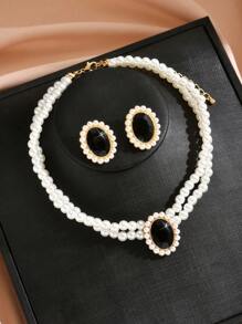 3pcs/Set Oval Geometric Faux Pearl Necklace & Earrings Set, Elegant Faux Pearl Jewelry For Women