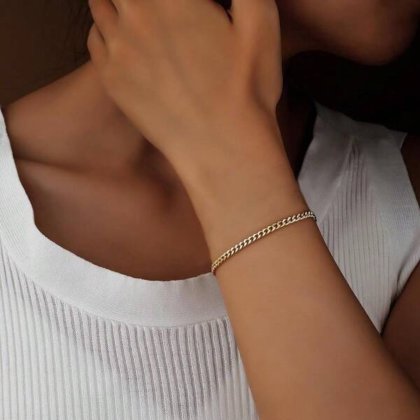 1 Stück 18 Karat vergoldetes Edelstahl Panzerkette/Cubanische Gliederkette Armband, wasserdicht und korrosionsbeständig, minimalistischer Schmuckstil als Geschenk für Männer und Frauen