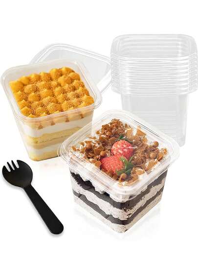 50 st/förpackning 12oz plastdessertkoppar med lock, genomskinliga fyrkantiga kakkoppar, dessertbehållare för pudding, mousse, fruktyoghurt och shortcake, kökstillbehör