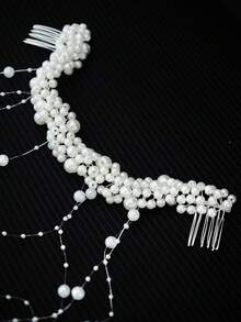 带有编织波浪的珍珠流苏发带，带有配饰风格发带的婚礼发带，优雅的婚礼发型配饰，带梳子的手工制作的皇冠式发饰，适合婚礼、派对和度假。