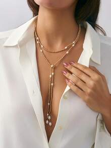 1 件简约 CCB 人造珍珠串珠长流苏项链，奢华，适合度假派对、情侣、日常休闲百搭佩戴 - 長項鍊 - 查看 4