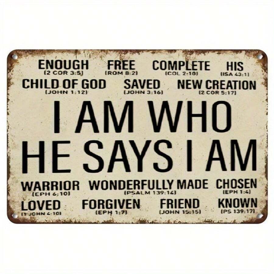 2D Flat, "I AM WHO HE SAYS I AM" Christian Metal Tin Sign With 20+ Bible Verses - Rustic Distressed Finish Wall Art For Home, Office, Bedroom - Inspirational Spiritual Decor & Perfect Gift For Men & Women, Inspirational Wall Decor, Versatile Room Accent, Durable Construction, Perfect For Room Decor - A - 查看 1