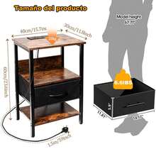 Mesita de Noche con Estación de Carga,Mesita de Noche Vintage para Recámara con 1 Cajones,Mesa de Noche para Recámara con 2 Enchufes y 2 USB,Patas Ajustables,Mesa Auxiliar,Buro para Dormitorio y Sálon - Marrón - Ver 2
