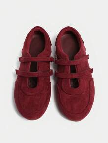 2025春季新款复古红色百搭魔术贴玛丽珍鞋，圆头平底休闲女鞋【尺码偏小，请参考尺码表】，芭蕾平底鞋