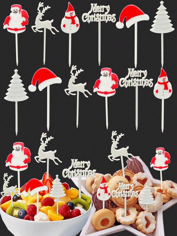 12pcs/Set Christmas Fruit Picks, Random Color Mix, Mini Forks For Cake, Salad, Dessert, Kid & Adult Christmas Party Decoration Supplies
