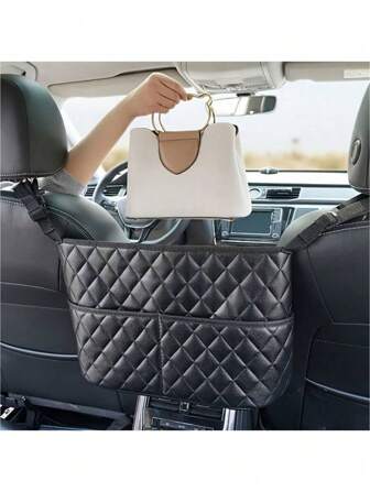 大容量汽车座椅靠背储物袋 - 人造皮革网状收纳袋，带悬挂装置，轻便汽车内饰配件，适合女性收纳整理器，旅行必需品，返校宿舍收纳秋季装饰