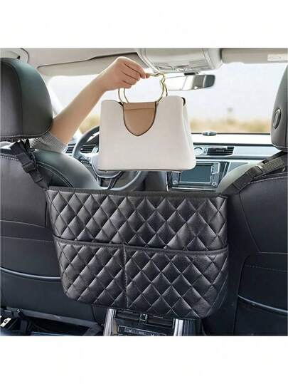 大容量汽车座椅靠背储物袋 - 人造皮革网状收纳袋，带悬挂装置，轻便汽车内饰配件，适合女性收纳整理器，旅行必需品，返校宿舍收纳秋季装饰