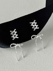 1 件蝴蝶结银针耳环，精致甜美清新风格，可爱新款丝带耳环，适合女士 - 銀色 - 查看 3