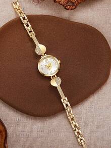 Women's Fashion Minimalist Round Heart Pattern Mixed Scale Diamond-Set Heart Quartz Watch 1pc/Set - Rose Gold - View 4