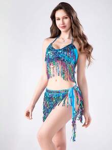 彩色亮片流苏胸衣上衣和腰链套装 - 肚皮舞舞台表演和夜店派对 - 彩色 - 查看 17